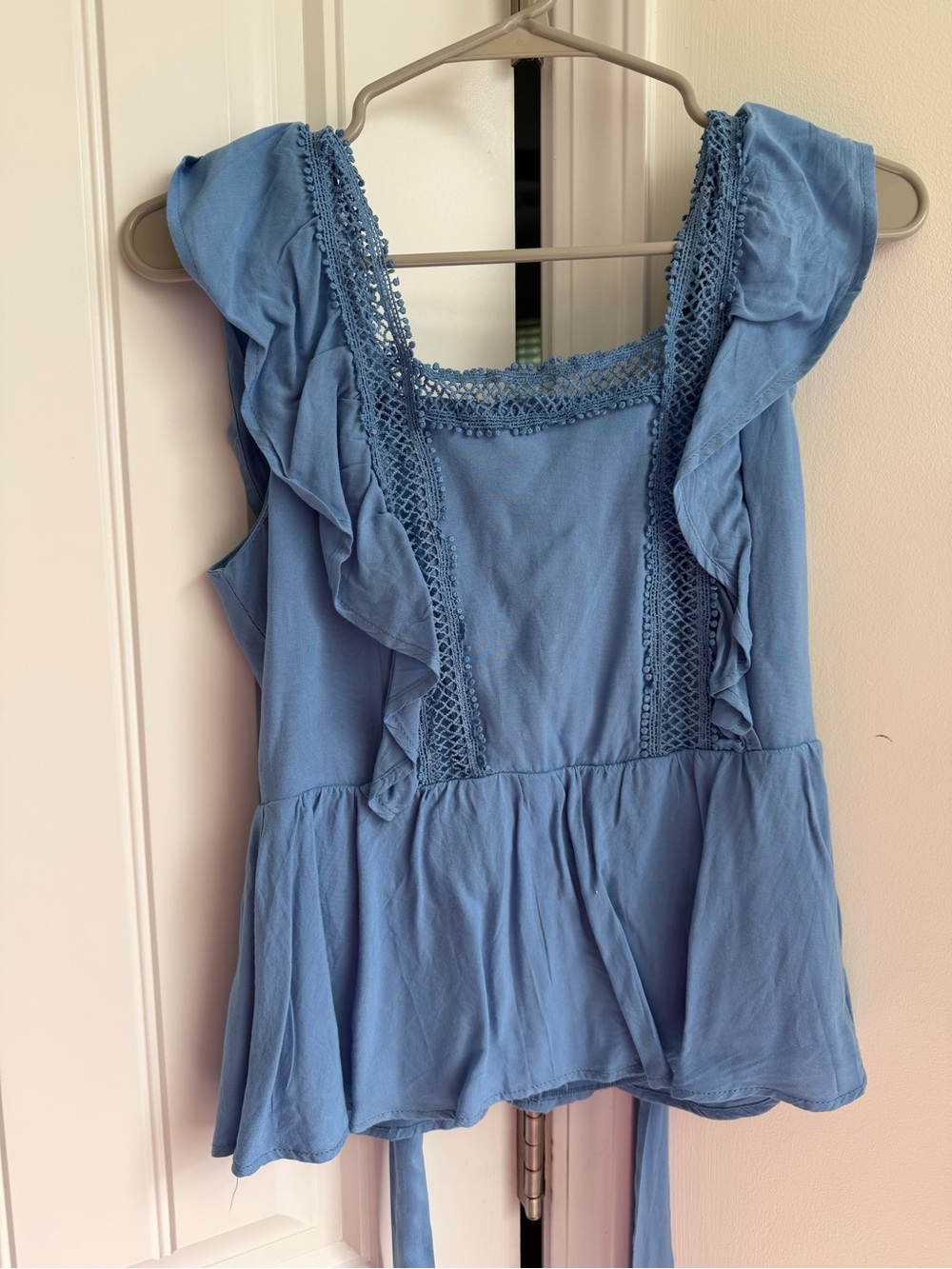 Blue Ruffled Crochet-Trim Women's Top